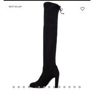 Stuart Weitzman thigh high highlander boots in black suede.